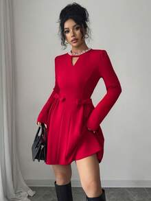 Elenzga 女士秋冬针织弹力修身圆领镂空铆钉珍珠肩长袖褶饰A字蝴蝶结派对时尚节日圣诞节优雅迷你连衣裙 - 紅色 - 查看 6