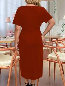 EMERY ROSE Plus Size Women Elegant V-Neck Short Sleeve Solid Color Ruched Midi Dress - Rust Brown - View 2