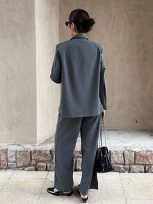 SHEIN Unity 2pcs/Set Women Plain Front Button Long Sleeve Pocket Revere Collar Top & Pants Casual Suit - Grey - View 4