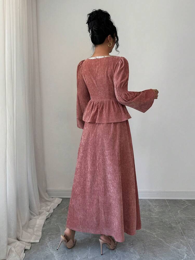 Women's Elegant Ruffle Hem Lantern Sleeve Top And Skirt 2 Pieces Set, Autumn