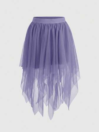 Falda de malla con dobladillo asimétrico de unicolor elegante