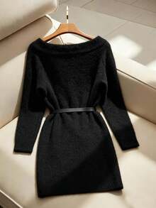 Franclia 女式新款优雅法式简约优质露肩纽扣装饰毛衣裙配腰带，秋冬