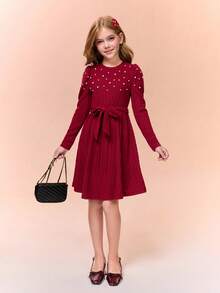 Váy ôm sát cổ tròn tay dài dệt kim đính hạt chải xước thanh lịch & sang trọng dành cho bé gái tuổi teen thích hợp cho các buổi đi chơi, tiệc tùng và dạ tiệc, mùa thu/đông - Màu Đỏ Sâu - Xem 4