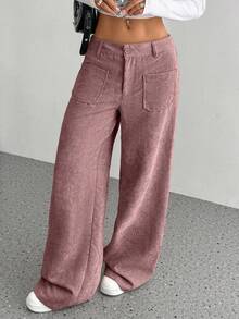 SHEIN Unity 1pc Women's Corduroy Straight Leg Pants, Front & Back Pockets Design, Casual Everyday Campus Wear Wide Leg Trousers, Lotus Root Color - Dusty Pink - View 4