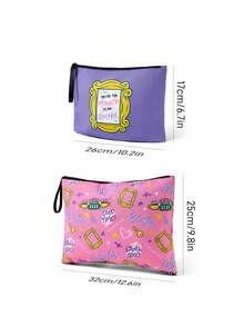 FRIENDS X SHEIN 2 件套图案印花轻质涤纶纤维化妆包，适合存放化妆品、文具、日用品、数码产品，非常适合通勤、上学、旅行，适合男士、女士、学生、相框、友情 - 彩色 - 查看 14