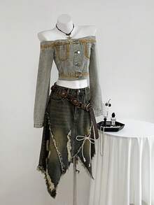 Elamini Women's Fashionable Distressed Frayed Hem Casual Denim Mini Skirt, Versatile For Summer Denim Skirt Set Grunge Clothes Unique Clothes Pirate Skirt Cowgirl Skirt - Blue - View 6