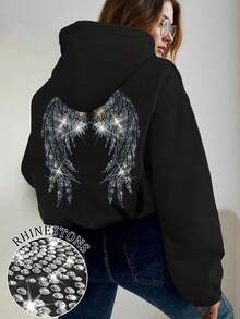 SHEIN Casual Wing Rhinestone Embellished Sweatshirt, Autumn/Winter - Black - View 1