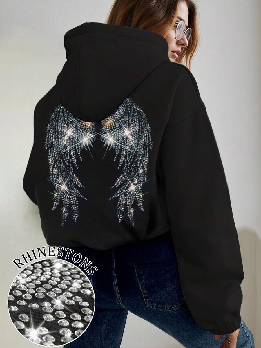 SHEIN Casual Wing Rhinestone Embellished Sweatshirt, Autumn/Winter - Black - View 1