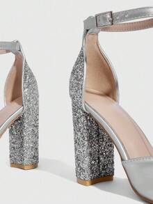 CUCCOO SZL Fashionable Pointed Toe Thick High Heel Silver Glitter Ankle Strap Women's High Heel Pumps, Hollow Out Sexy Elegant Party Dress Shoes For Christmas - Silver - View 6