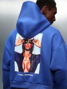 PLAYBOY X SUMWON Crop Fit Oversized Pullover Hoodie With Graphic Print And Centre Pocket - Blue - View 1