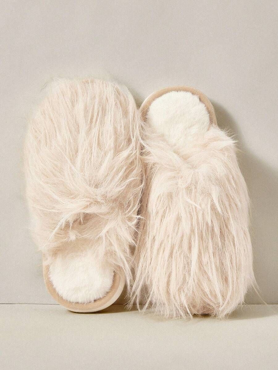 Cuccoo Women's Solid Color Fuzzy Patchwork Casual Slippers - Apricot - View 1