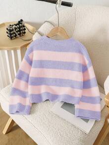 Souflis Souflis Kleine Mädchen Lässig Farbblock gestreifter Rundhals Raglan Pullover, Herbst/Winter - Mauve - Übersicht 2