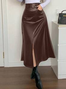 DAZY 女士高腰开衩A字裙，PU皮长款优雅裙，冬季女装裙 - 咖啡棕 - 查看 6