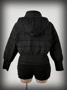 Sunspun Plus Size Hooded Collar Cinched Waist Long Sleeve Padded Coat - Black - View 2