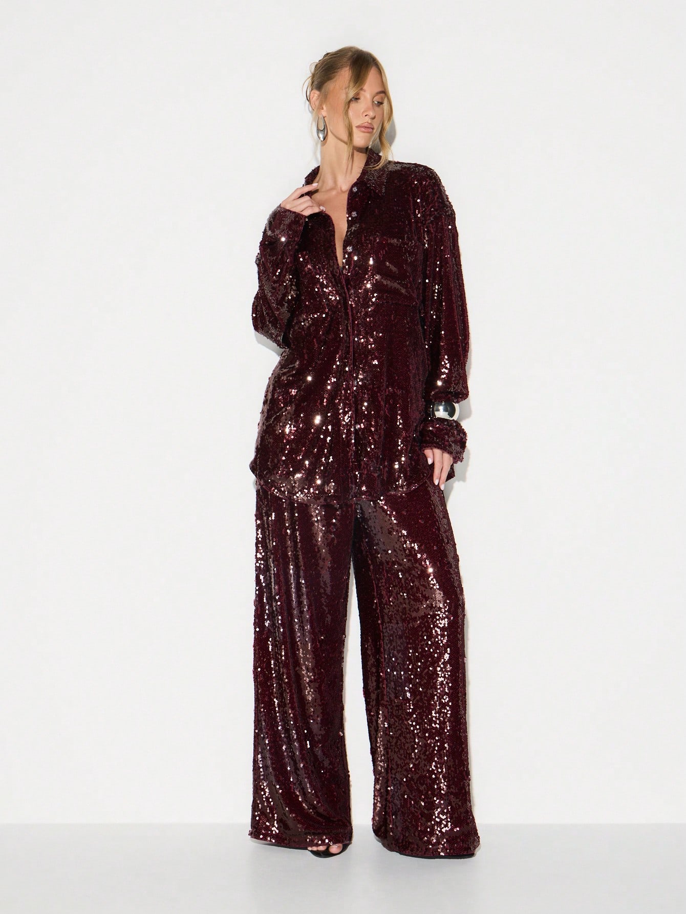 KIZN Oversize-Bluse mit Pailletten und langen Ärmeln