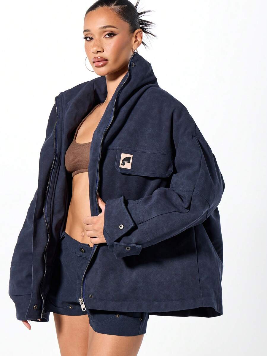 SUMWON WOMEN Áo khoác bomber da lộn cỡ lớn có túi ngực và khóa kéo cho phong cách layering mùa thu đông - Màu xanh lam - Xem 1