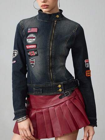 ROMWE Avant Vintage, abgenutzt, retro Logo Denim Jacke und Mantel für Frauen