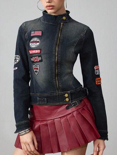 ROMWE Avant Chaqueta y abrigo de mezclilla con logo retro desgastado y vintage para mujeres