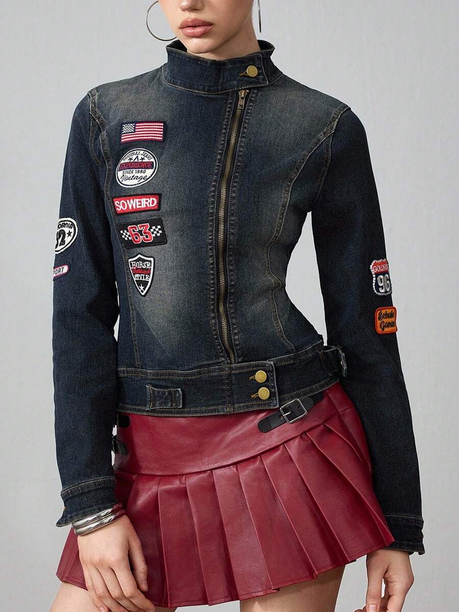 ROMWE Avant Vintage Distressed Retro Logo Denim Jacket And Coat For Women