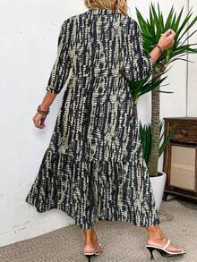 EMERY ROSE Plus Size Women Allover Print 3/4 Sleeve Button Half Placket Ruffle Hem Casual Loose Dress - Multicolor - View 2