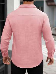 Manfinity Homme 男士純色極簡休閒長袖條紋襯衫 男士紋理襯衫 休閒男士襯衫 男士紋理襯衫 粉色男士襯衫 正式 - 粉色 - 查看 2