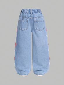 2025 Herbst/Winter Neue Jeans für Kleine Mädchen, modische Herz-Stickerei Lässig Straight Leg Loose Fit Thermofutter Jeans, bequeme Vintage gewaschene Blau Jeans mit mittlerer Taille, geeignet für Straße, Lässig, Retro, Streetwear, Loose, Straight Leg, Fitted, Alltag, Schule, Pendeln, Party, Zuhause, Halloween - Mittele Waschung - Übersicht 3