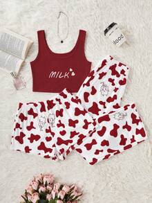 SHEIN Women Milk Texture Print Top & Pants & Shorts Fluffy Cozy Pajama Set Cute Sleep Set Cute Lounge Set Moo Moo For Women Sleeping Wear Heart Fluffy Cozy Pajama Set Cute Sets For Women, Winter Clothes