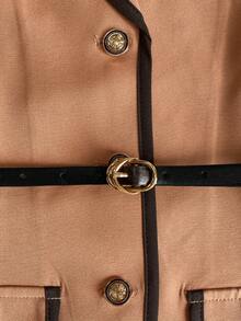 GlowEve Women's Elegant Khaki Jacket With Black Collar, Metal Decor, Faux Pockets, Long Sleeve, Fitted, Metal Belt Accent + Women's Elegant Khaki Skirt With Black Trim, Elastic Waist, Pleated, Fitted, Flared, Spring/Autumn - Khaki - View 5