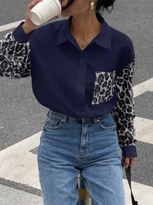 Siren Gaze 女士豹纹拼布长袖休闲衬衫，简约复古风女衬衫，街头风女衬衫，豹纹衬衫 - 藏蓝色 - 查看 6