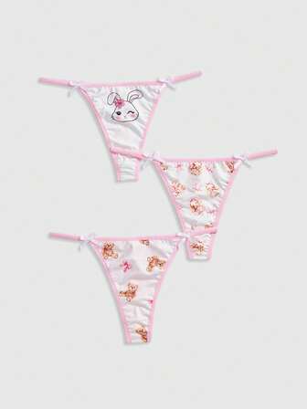 Kawaii 3 pezzi di perizoma carini con coniglietto, pois, orsetto e fiocco