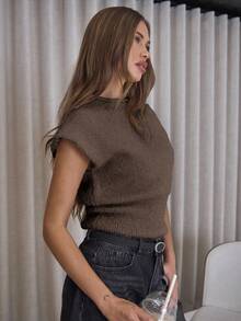 MUSERA 收腰露脐船领短袖针织上衣，可爱优雅性感街头风，适合夜间外出、晚宴派对等场合，春季必备。 - 巧克力棕 - 查看 4