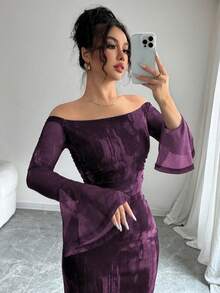 Modelyn 女式露肩喇叭袖扎染时尚网眼印花褶饰鱼尾修身连衣裙 - 紫色 - 查看 3