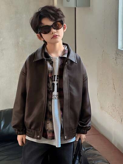 DAZY Tween Boy Solid Color Drop Shoulder Long Sleeve Zip-Up Loose PU Leather Jacket, Autumn