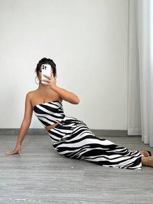 SHEIN SXY 2pcs Women Summer Fashionable Zebra Print Tube Top And Bodycon Skirt Set - Black and White - View 3