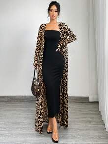 SHEIN SXY 2pcs Women's Spring Summer Leopard Print Long Sleeve Maxi Jacket And Bodycon Dress Set Cheetah Print - Multicolor - View 6