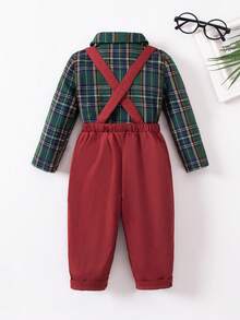 SHEIN 男婴都市学院风可爱绿色格子长袖翻领衬衫和松紧腰连体裤绅士装套装 - 彩色 - 查看 2