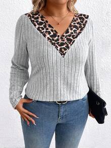 EMERY ROSE Women's V-Neck Leopard Print Patchwork Casual T-Shirt, Suitable For Outdoor And Leisure Wear - Multicolor - View 5