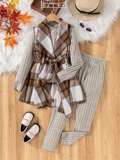 Sparklyn 3pcs Tween Girls Casual Plaid Lapel Vest With Belt + Ribbed Long Sleeve Leggings, All-Match Versatile Outfit For Daily Wear, School