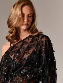 AiiRZ Sequin Fringe One Shoulder Long Sleeve Party Mesh Top With Tassel Detail - Black - View 4