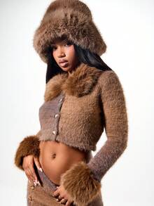 SUMWON WOMEN Fluffy Knit Cropped Cardigan With Fur Collar And Cuff Trim Button Front Winter Sweater - Brown - View 1