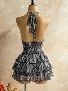 Soleia 复古扎染斑马纹V领系带网眼褶饰浪漫假日连衣裙/迷你连衣裙，适合秋冬女士 - 彩色 - 查看 2