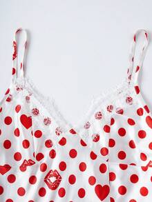 Betty Boop x SHEIN 女式复古优雅卡通人物与波尔卡圆点印花撞色蕾丝吊带睡袍，夏季 - 白色 - 查看 3