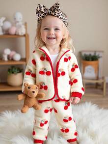 Vintaside Kids 2 件套女婴冬季新款 2025 人造毛皮樱桃印花下摆和衣领红色拉链连帽开衫和宽松袖口裤休闲装 - 彩色 - 查看 3