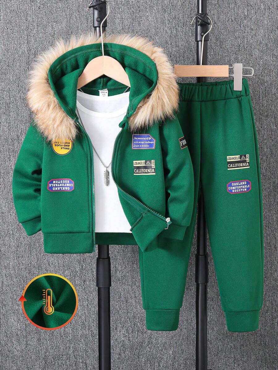SHEIN 2 件套年轻男孩标语印花拉链连帽运动衫和运动裤休闲装，秋冬 - 綠色 - 查看 1