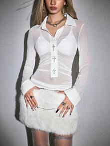 ROMWE Avant Y2K Subculture 交叉网眼透明女式衬衫 - 白色 - 查看 2