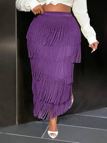 Slaydiva 女士优雅高端牛油果绿色流苏迷你裙 - 紫色 - 查看 4