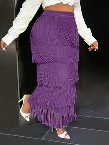 Slaydiva 女士优雅高端牛油果绿色流苏迷你裙 - 紫色 - 查看 6