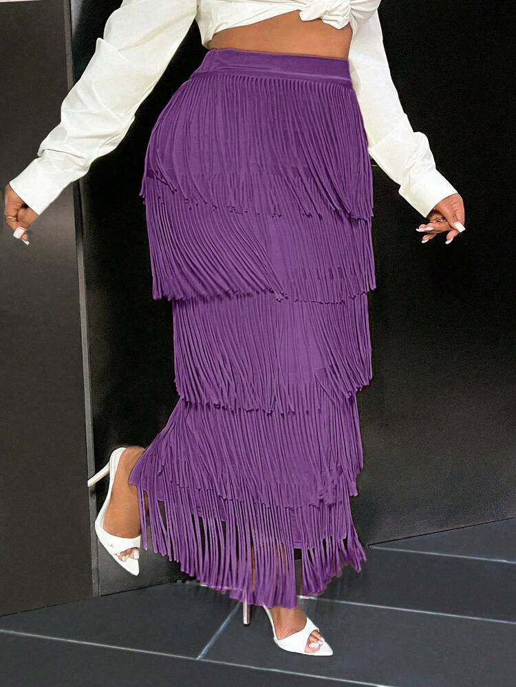 Slaydiva 女士优雅高端牛油果绿色流苏迷你裙 - 紫色 - 查看 6