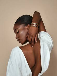 JIAN LASALA 1pc Fashionable Retro Metal Texture Open Bracelet With European And American Style - Gold - View 2