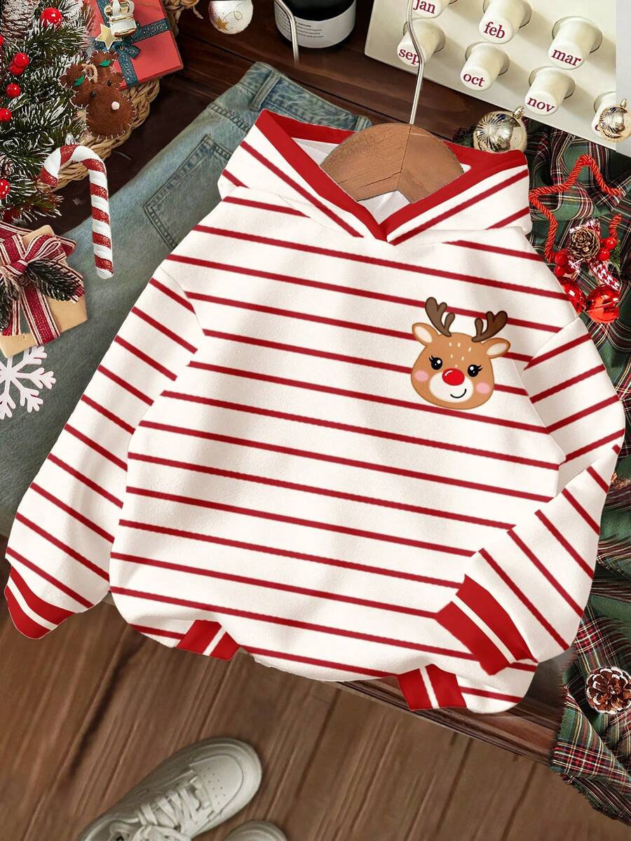 SHEIN Happikins Christmas Burgundy Striped, Cute Christmas Cartoon Reindeer Pattern, Baby Girl Casual Minimalist Thick Warm Soft Sweatshirt, Suitable For Autumn/Winter Daily Wear, New Year, Street Style, Holiday - Multicolor - View 1
